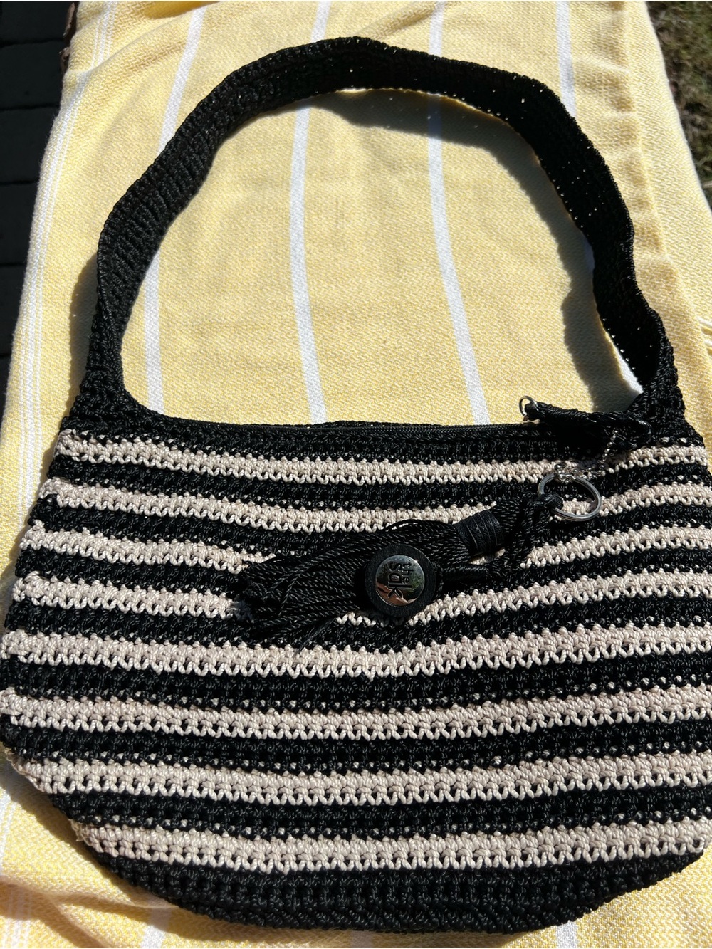 The Sak Striped Black & Cream Crochet Shoulder Bag
